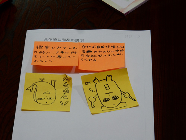 宝仙_個々の生徒のアイディアが書かれた付箋のなかには、ユニークなイラスト付きのメモも！