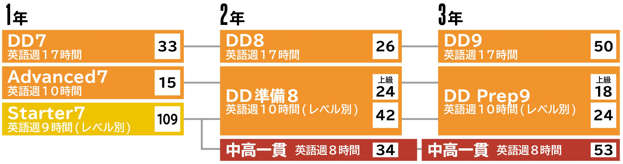 文大杉並_＊白い四角の中の数字は2024年度の各英語クラスの在籍人数